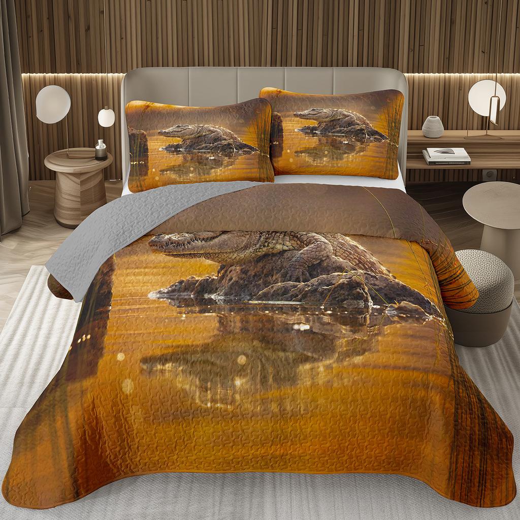 Teens Krokodil Tagesdecke Alligator Muster Tagesdecke Set Full Queen Größe Wildtier Gestepptes Bettwäscheset für Kinder Jungen Mädchen