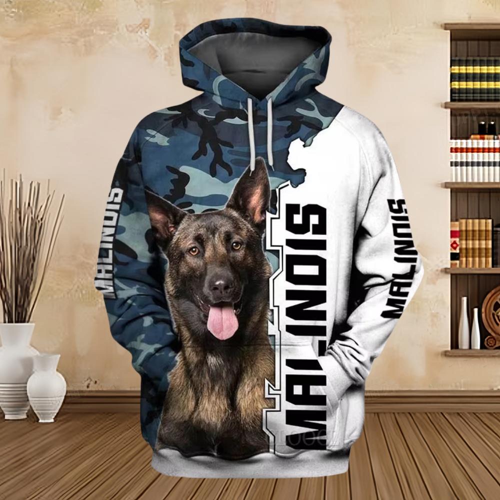 2025 New Hoodies 3D Graphic Silver Ribbon Hoodies Animals Dog Belgian Malinois Sweatshirts Casual Harajuku Sportswear Clothing