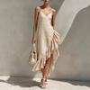 2026 Summer Vacation Wind V-neck Suspender Dress Irregular Ruffle Edge Split Long Dress Women