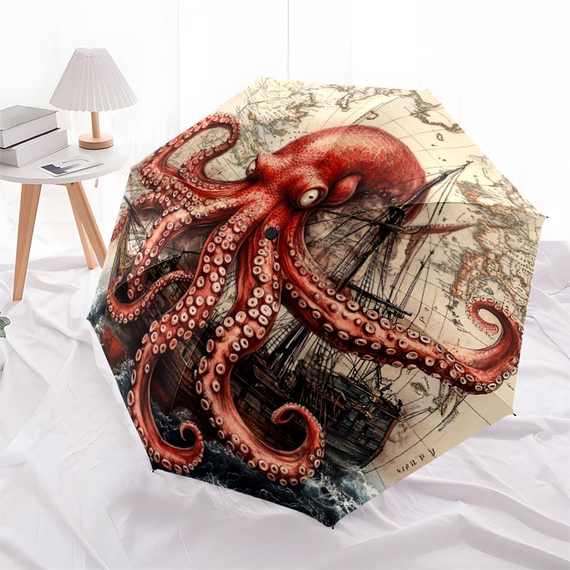 Ship Octopus pattern, automatic folding umbrella, portable and foldable design, 8 ribs, a Christmas or birthday gift.