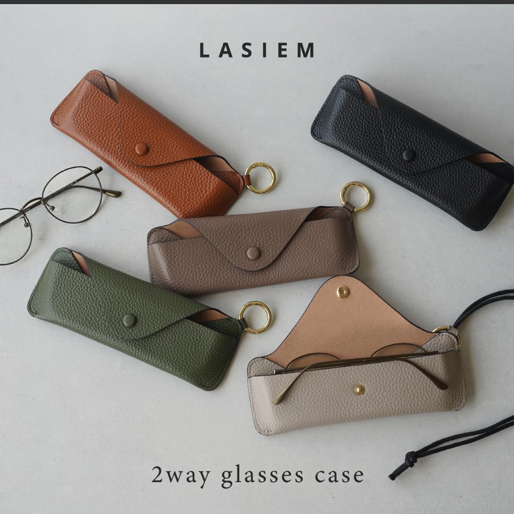 LASIEM and Eyeglass Leather Sunglasses Green (Lasiemu) [Slim Portable] Case, Women's Leather, Compact, Case, Slim, Neck-Mountable, Soft, Lightweight,