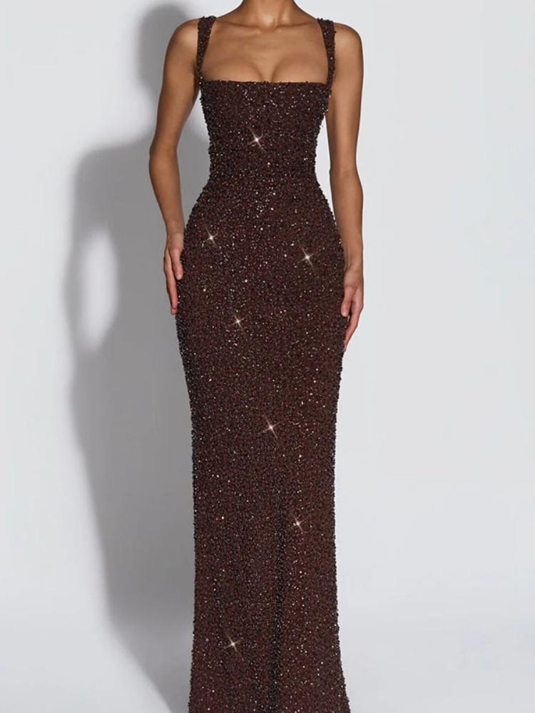 Damen Quadratischer Ausschnitt Pailletten Maxikleid Ärmellos Bodycon Glitzer Funkelnd Abendparty Kleid