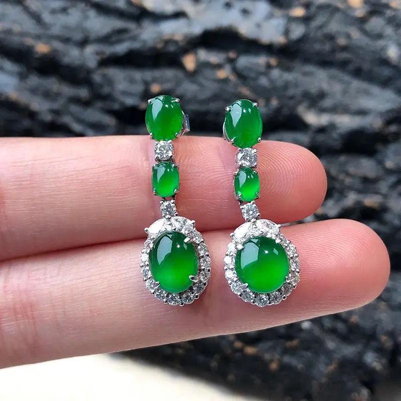 Natural Hetian Jasper Jadeite Oval Diamond Long Earrings Light Luxury Retro Charm Lady Chinese Style  Jewelry