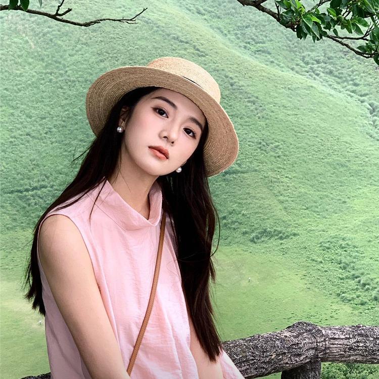 Flat Top Straw Hat Women'S French Straw Top Hat Summer Big Brim Sun Hat Seaside Vacation Sun Hat