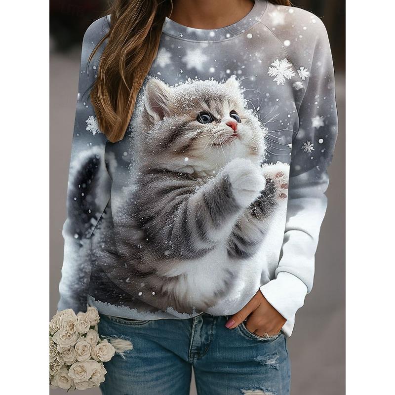 Fall Winter Pullover Women's Cute Cat Graphic Sweatshirt Trendy 3D Print O-Neck Long Sleeve Tops  Women's Apparel Y2K Streetwear