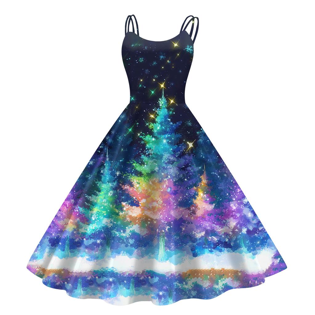 Women's Fashion Casual Christmas Print Sexy Off-the-shoulder Punk Retro Dress