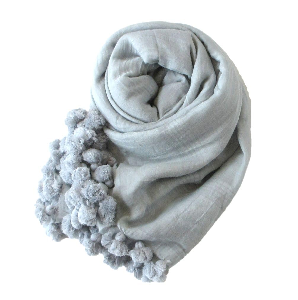 

[.a all over the world] Large Pom-Pom Stole Scarf, Solid Color, Cotton and Silk, Light Gray (Silver)