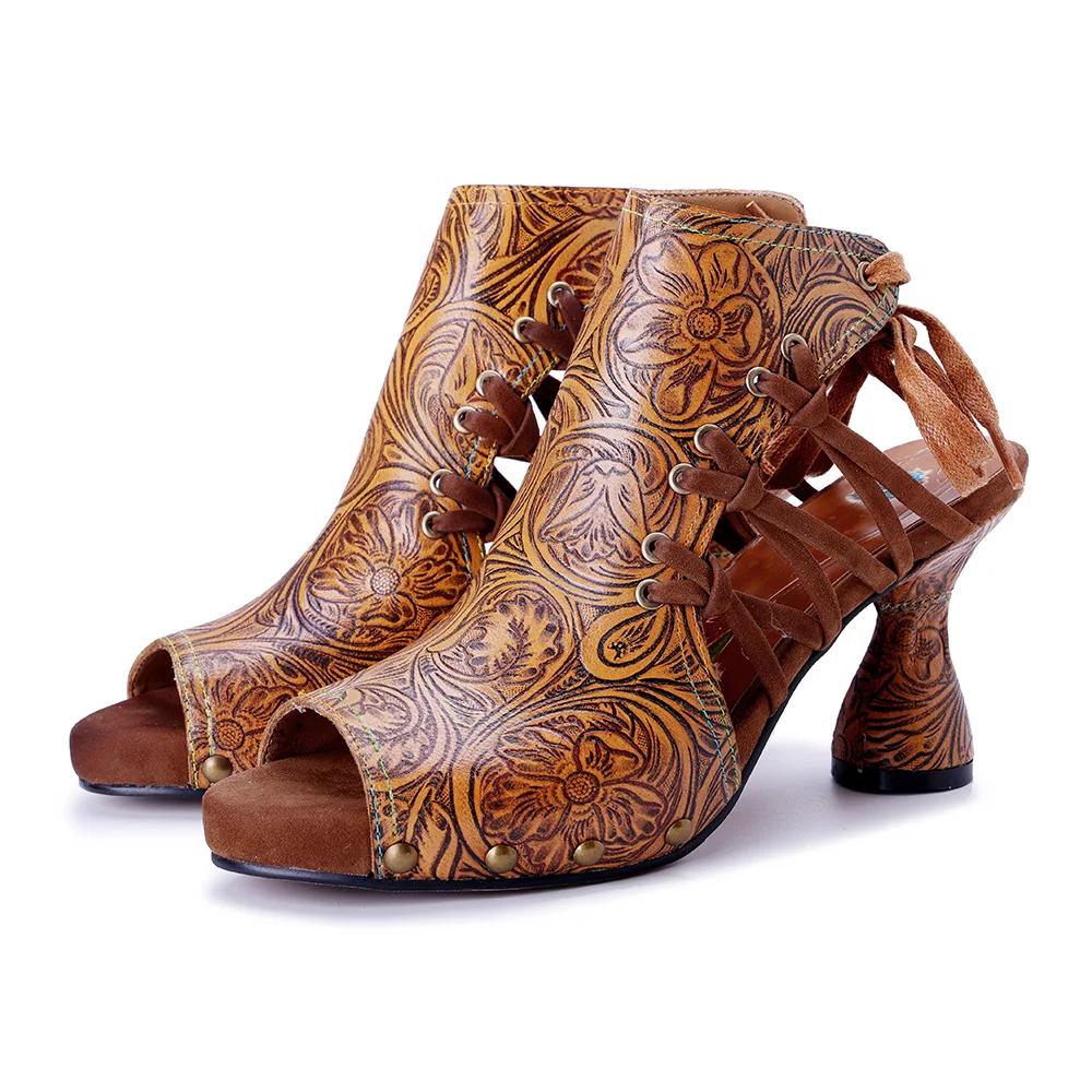 Fashion High Brand 7.7CM Sheepskin Leather Woman Ethnic Summer Chunky Heels Big Size Peep Toe Pumps Cross-tied Sandals Moccasins Shoes