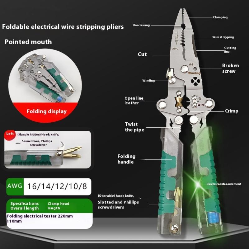 Dezizolator de sârmă multifuncțional cu creion de test electric, tăietor de cablu pliabil, unealtă de sertizare, clești electrici pliabili pentru tăiere