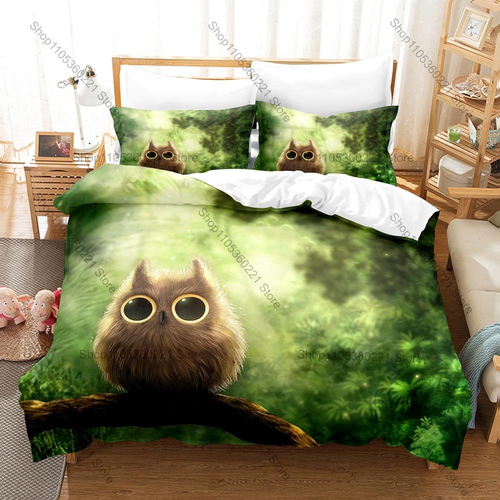 Cool Owl Minimalist Wildlife Nocturnal Bird Vintage Cartoon Animal Art HD Print Bedding Set Duvet Cover + 2 Pillowcases Animal