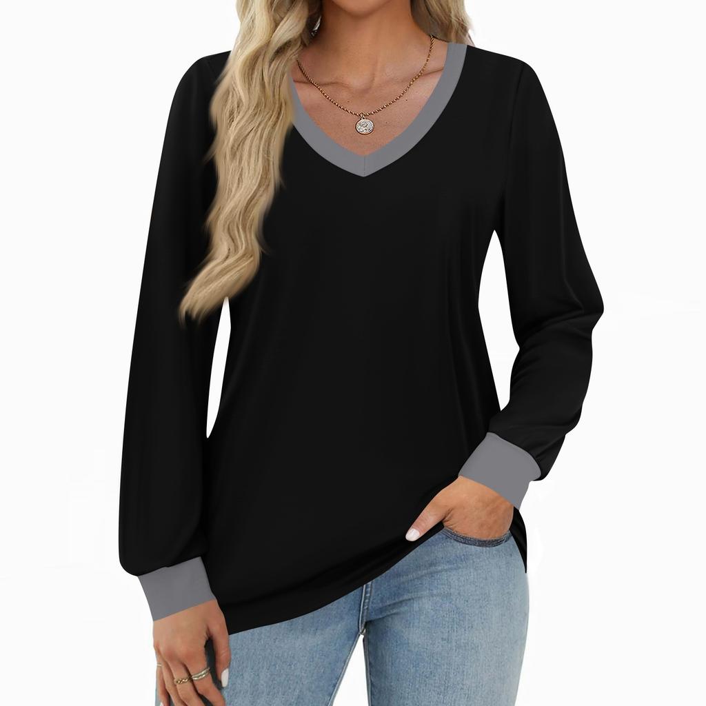 Women's Fashion Casual Long Sleeve Color Block Shirt Women's V-Neck Tops