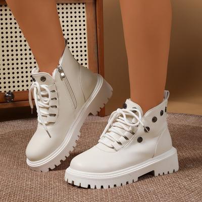 Fashion Studded Side Zip Cotton Boots Fall New Round Toe Lace-Up Front Platform Non-Slip Shorthole Boots