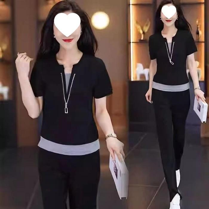 Short-sleeved Casual Sports Suit for Women, Summer Fashion, Age-reducing Vacation, Two-piece Top, Straight-leg Pants, Two-piece Set