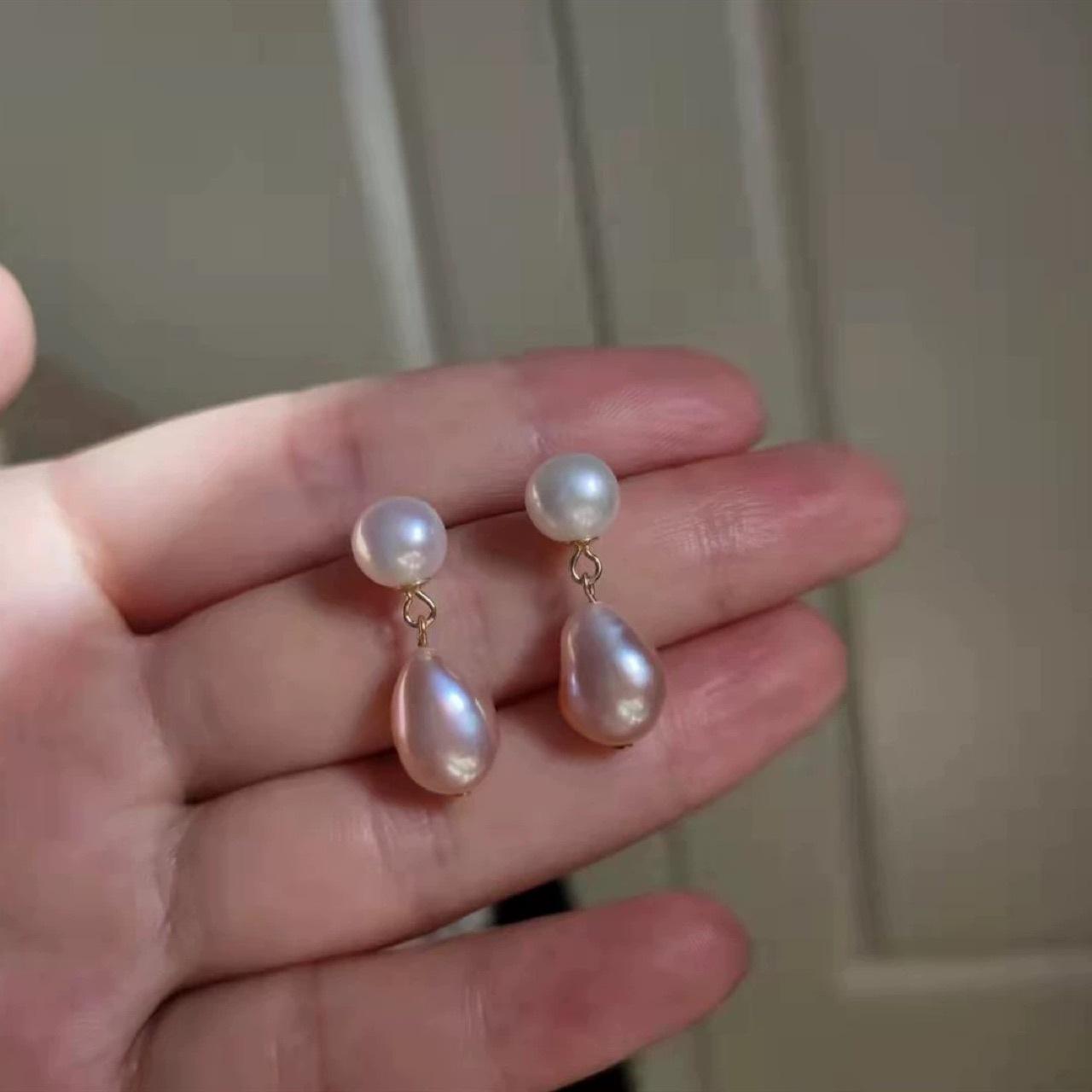 22646 Women's White/Purple/Silver Natural Freshwater Pearl Powder Round Bead Temperament Baroque Stud Earrings 925 Needle Plated 14K Gold Steamed Bread Beads Speci