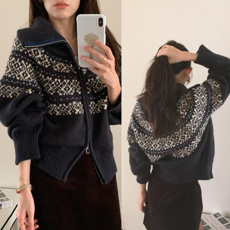 Fair Isle Jacquard Zipper Knitted Cardigan Autumn and Winter New Top Christmas Retro Sweater