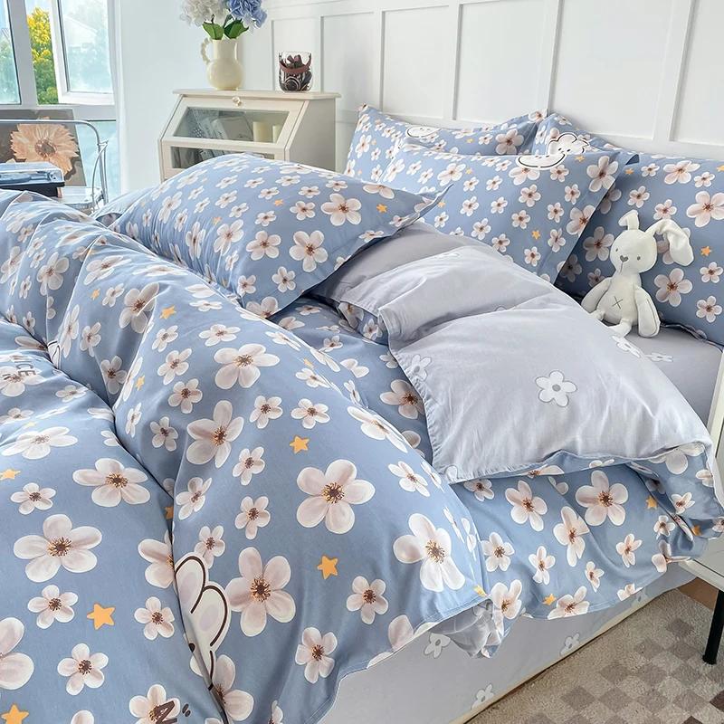 Floral Plants Duvet Cover Set 100% Cotton 3Pcs Blue Quilt Cover with 2 Pillowcases Skin-friendly Soft Bedding Set for All Season