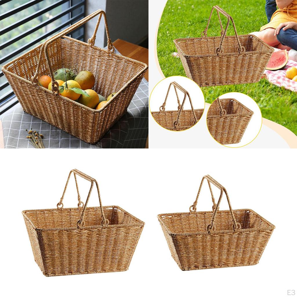 Imitation Rattan Kitchen Tote Basket Multifunctional with Foldable Handle for Dining Table