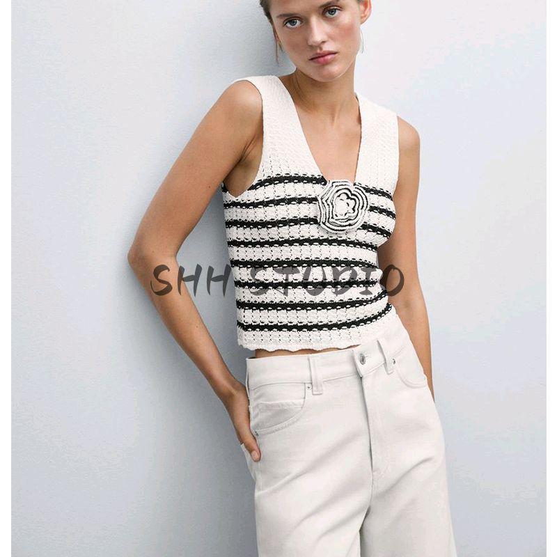 MD Women's Spring Clothing Classic Style Seaside Vacation Style Flower V Neck Knitting Spaghetti Straps Sleeveless T-shirt 5703531