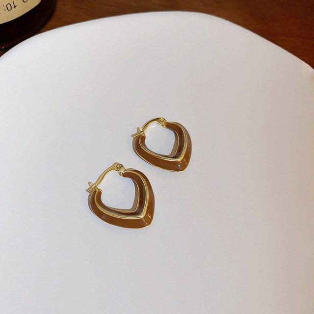 Simple Fashion Blue Red Green Brown Color Heart Metallic Earrings For Women  New Korean Style Brincos Jewelry Wholesale