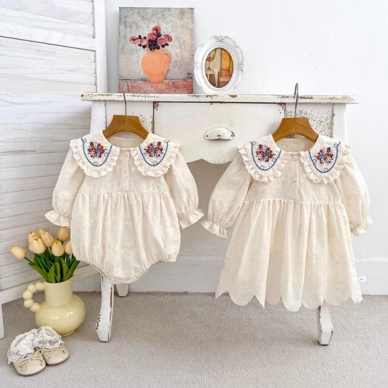 Girls' Embroidered Peter Pan Collar Long Sleeve Outfits