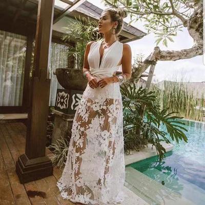 Women Wedding Bride Bridesmaids Elegant Sleeveless Halter Lace V Neck Maxi Long Dress Party Ball Gown