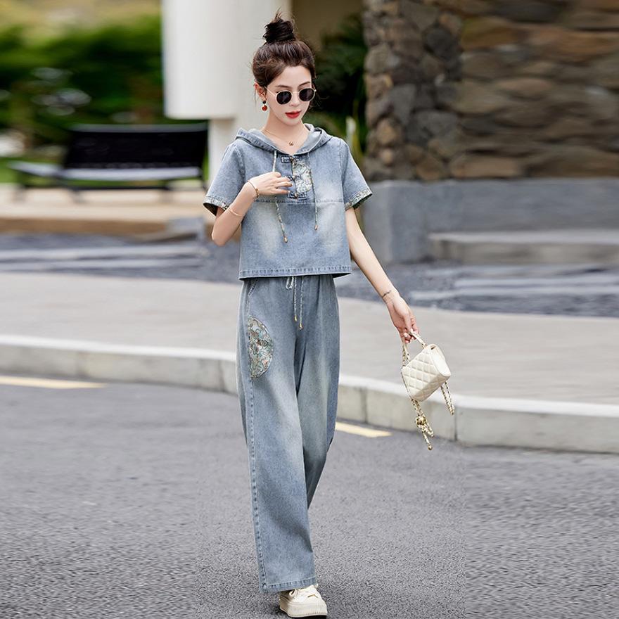 Denim wide-leg pants set women's summer new age-reducing temperament thin casual two-piece set