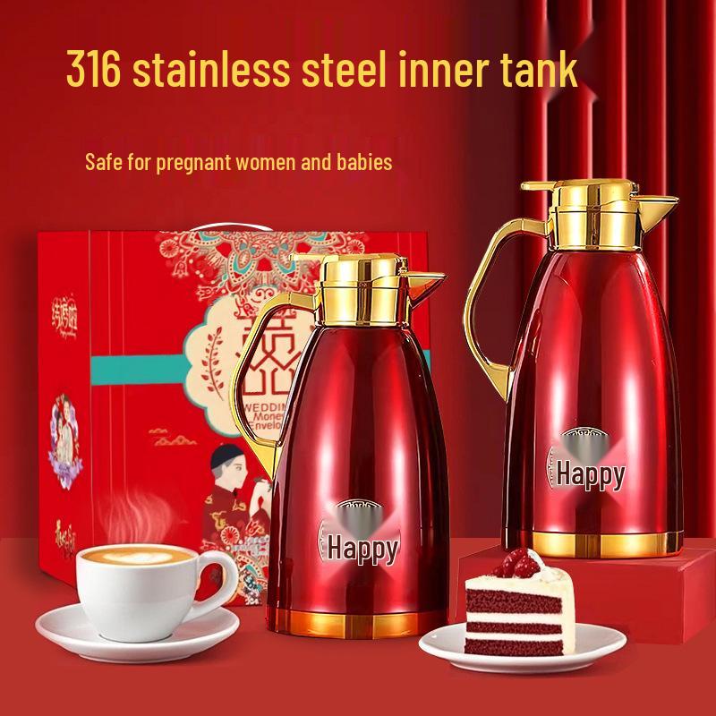 Festive Red Wedding Thermos Flasks Pair - 304 Stainless Steel Hot Water Kettle Gift Set
