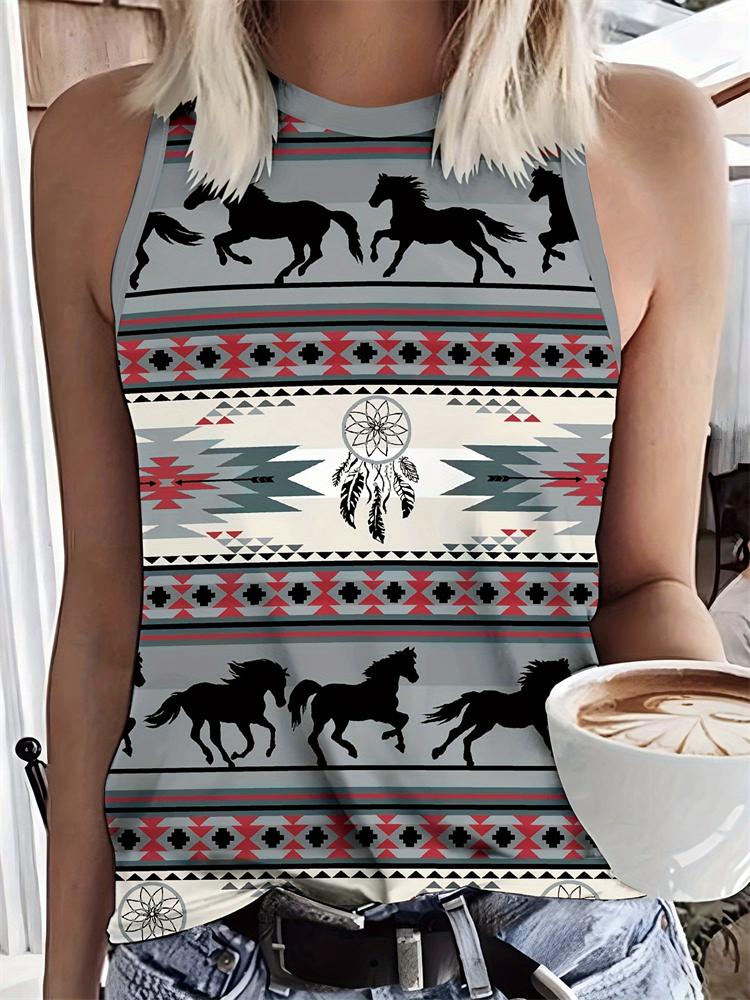 Top na ramiączkach w stylu vintage Etniczny nadruk 3D Damski casualowy letni podkoszulek z okrągłym dekoltem Odkryte ramiona Y2k Bezrękawnik Damski Top Odzież