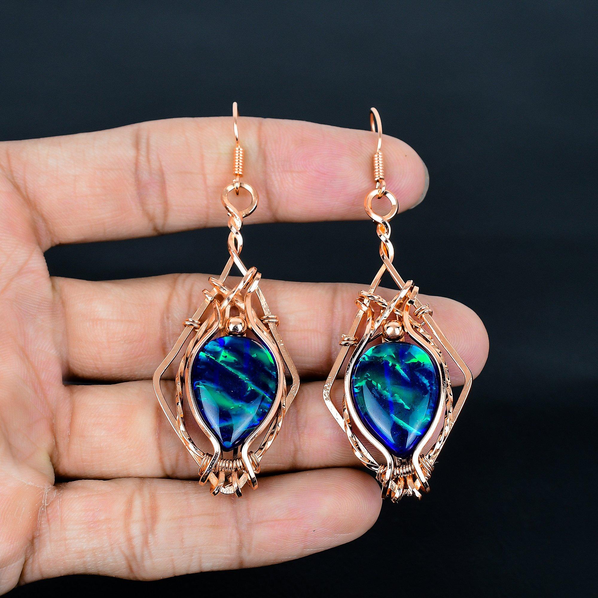 

Серьги с австралийским опалом-триплетом, серьги, обернутые медной проволокой 999 пробы, серьги из драгоценных камней ручной работы ко Дню памяти 2.55 Inches