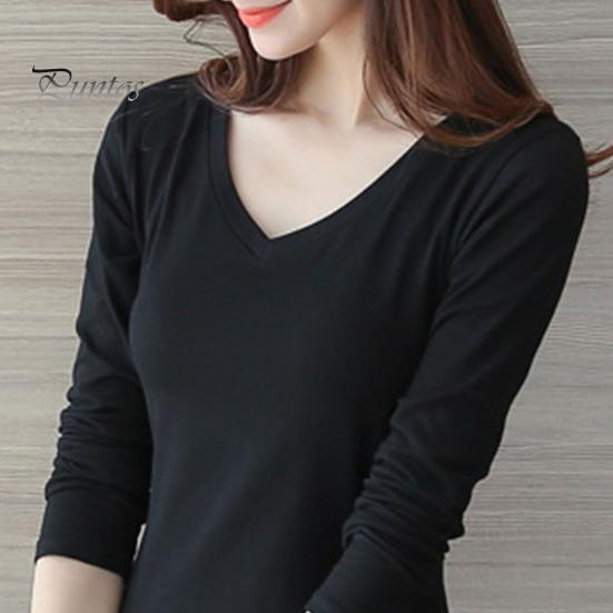 Women Shirt T-Shirt Crew/V Neck Slim Fit Pullover Long Sleeve Stretchy Keep Top Warm Solid Color Autumn Basic Tee Tops Daily Clothing Cold Resistant