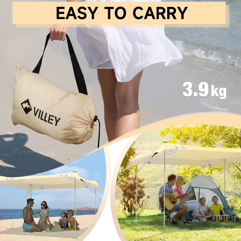 VILLEY Tarp Beach Tarp Beach Sunshade Beach Tent for 4 To 6 People Tarp Tent with 4 Poles UV Protection UV Cut Shading Ventilation Sun Shade Sun