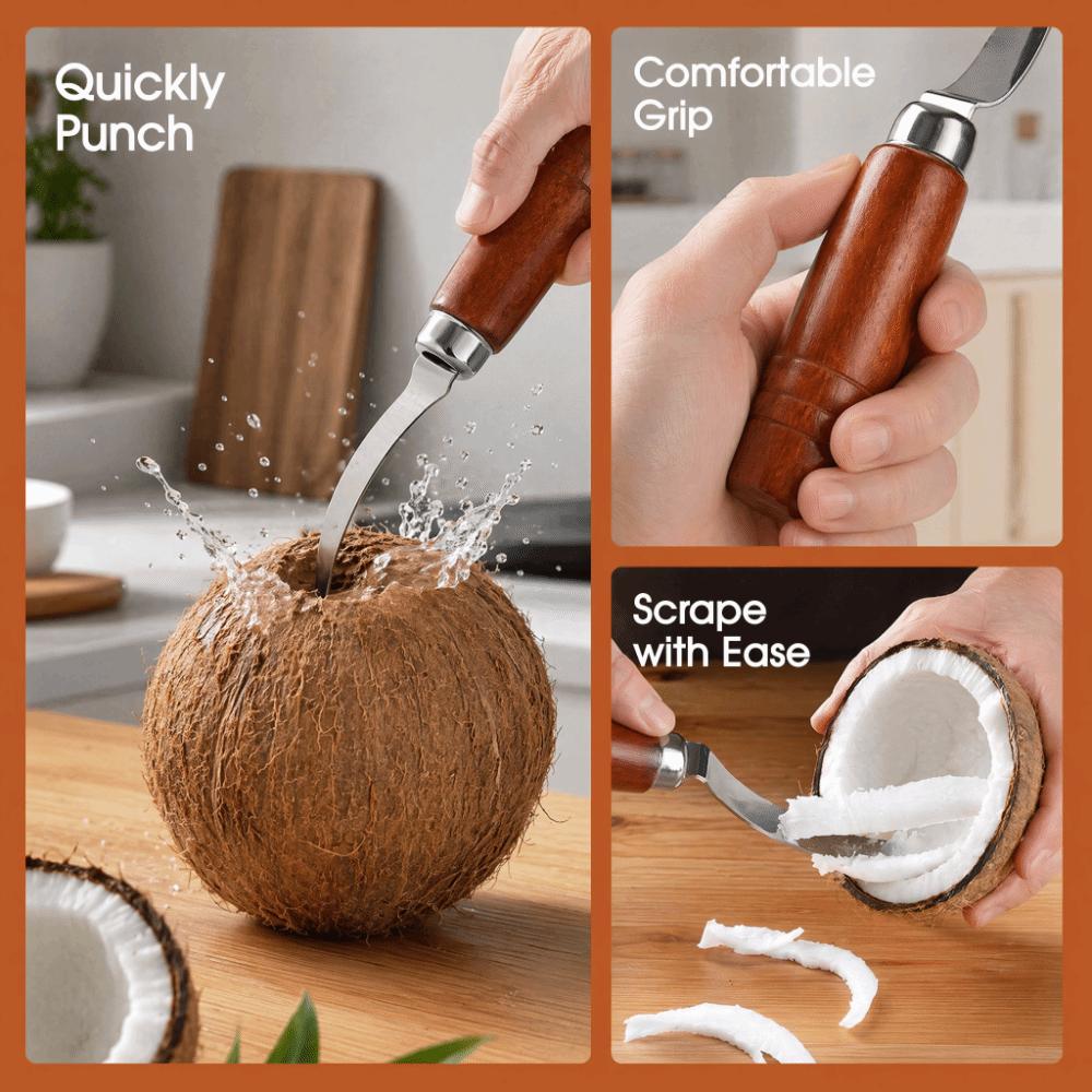 Wooden Handle Coconut Scraper Knife Brown Silver Shell Opener Coconut Opener Tool  Multi-Purpose