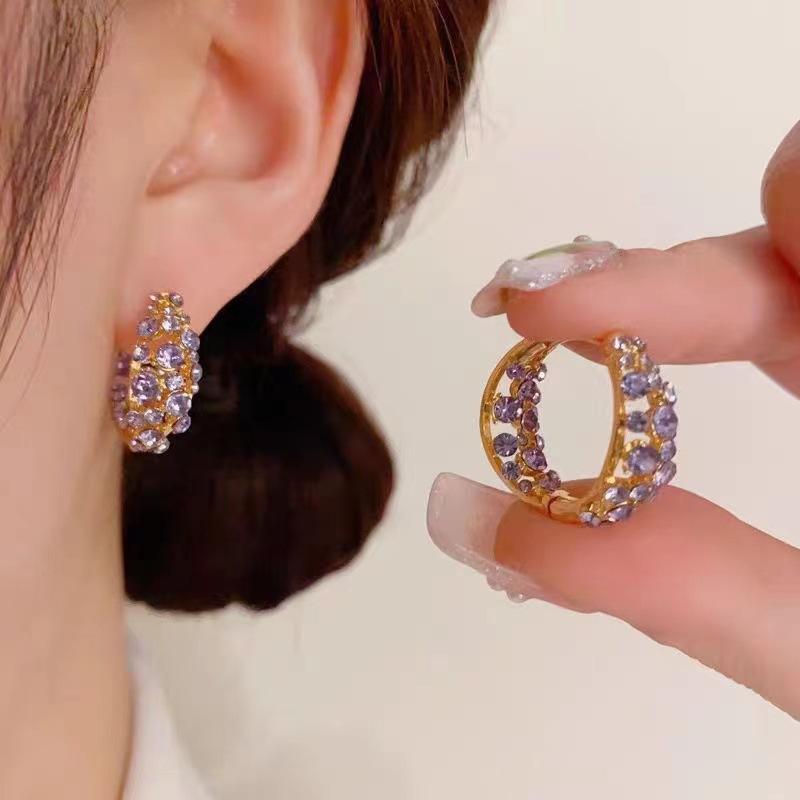 New purple super flash full diamond circle ear buckle women, niche light luxury high-end earrings ear jewelry