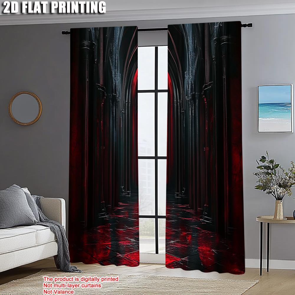 2pcs   Fashionable Curtains 2D print Gothic Archway Black and Red Machine Washable (without rod) Thermal Insulation   and Room