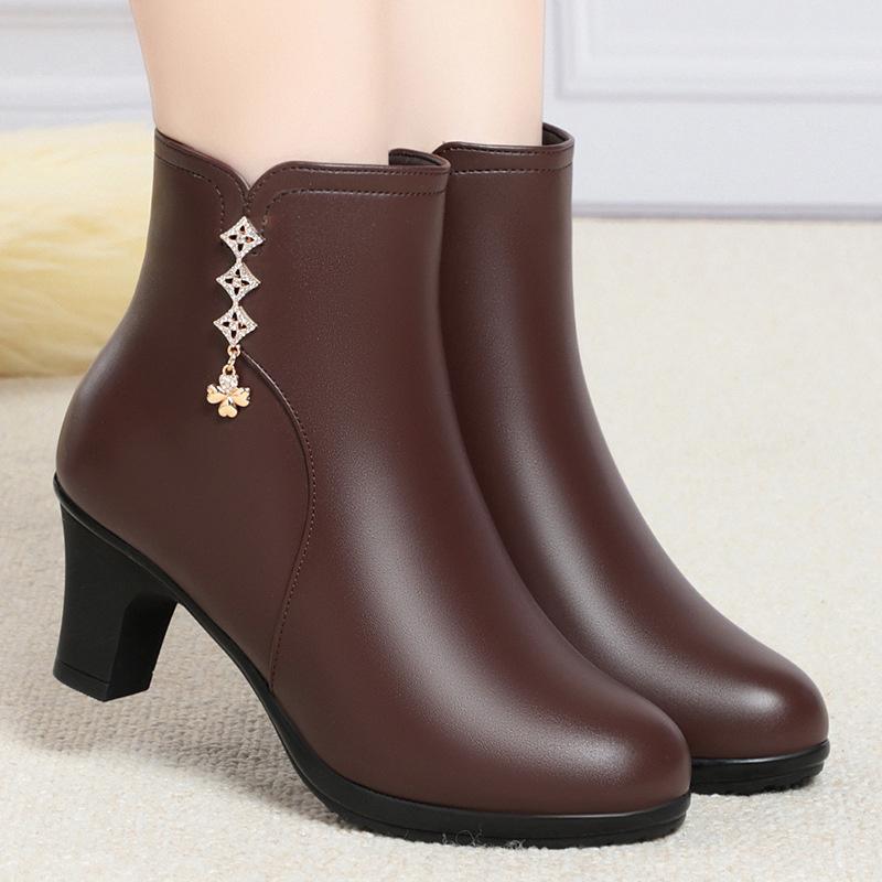 Autumn Winter Women's Leather Boots New Fashion Waterproof Side Zipper High Heels Non-slip Lightweight Warm Cotton Boots