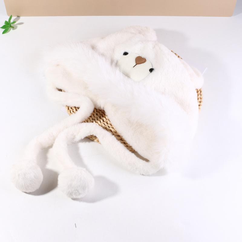 Cute Plush Gloves and Hats for Women  Autumn and Winter Ear Protecting Hats for Cycling To Keep Warm  Thickened Little Bear  Lei Feng Hat Trend