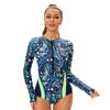 Women Long Sleeve One Piece Swimsuit Floral Print Zip Front Swimwear Nylon Material Full Coverage Beach Bodysuit