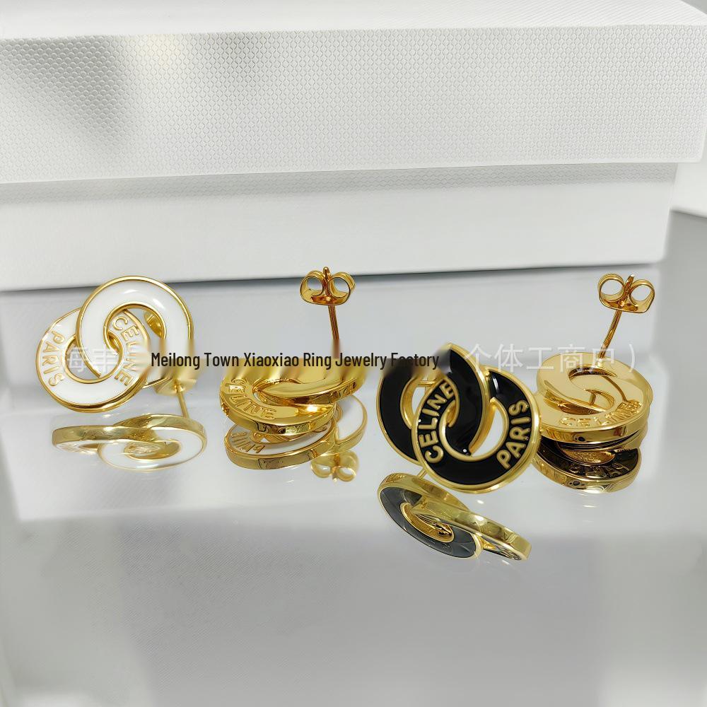 CELI High-End Black & White Geometric Double Circle Earrings - Simple, Fashionable, Retro French Style