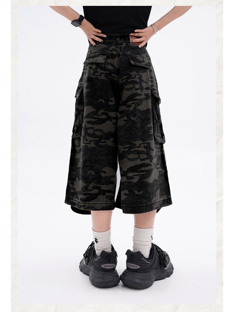 Salopetă Retro Camuflaj cu Talie Înaltă și Picioare Late cu Buzunare Multiple WHOOWAP