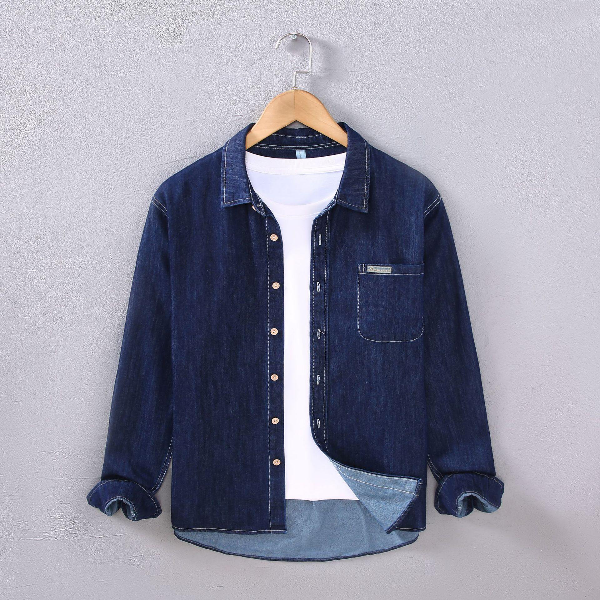 

Мужские джинсовые рубашки с длинным рукавом в корейском стиле, весна-осень, повседневная джинсовая рубашка из чистого хлопка с карманом, классическая модная верхняя рубашка XXL темно-синий
