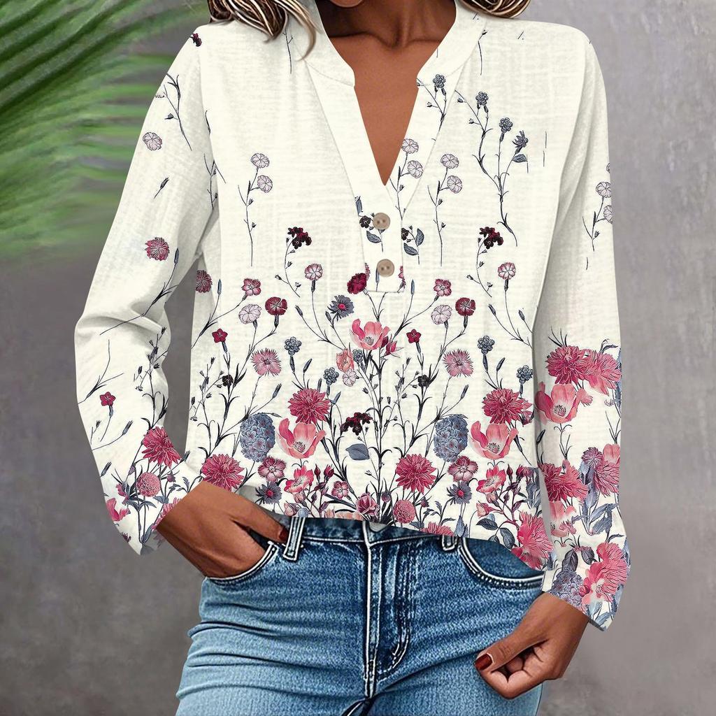 Camisa de Moda y Casual para Mujer Manga Larga Cuello en V Botones Estampada Blusa Top