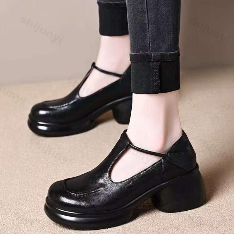 Vintage Dames Leren Schoenen 2026 Herfst Nieuw Hoogte Verhogend Buiten Antislip Middelhoge Hak Schoenen Mode Comfort Mary Jane Schoenen