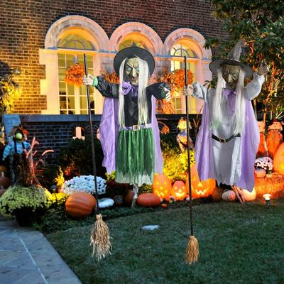 6FT Flying Witch With Broom Halloween Decorations Outdoor, Hanging Witches Light-up Eyes & Scary Sound Yard Porch Haunted House