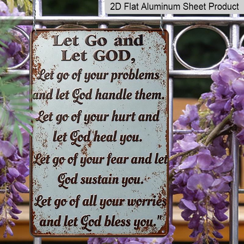 2D Flat - Vintage Metal Wall Sign - "Trust and Let Go To God" Inspirational Quote, Weatherproof & Pre-Drilled for Easy Hanging, Perfect for Home