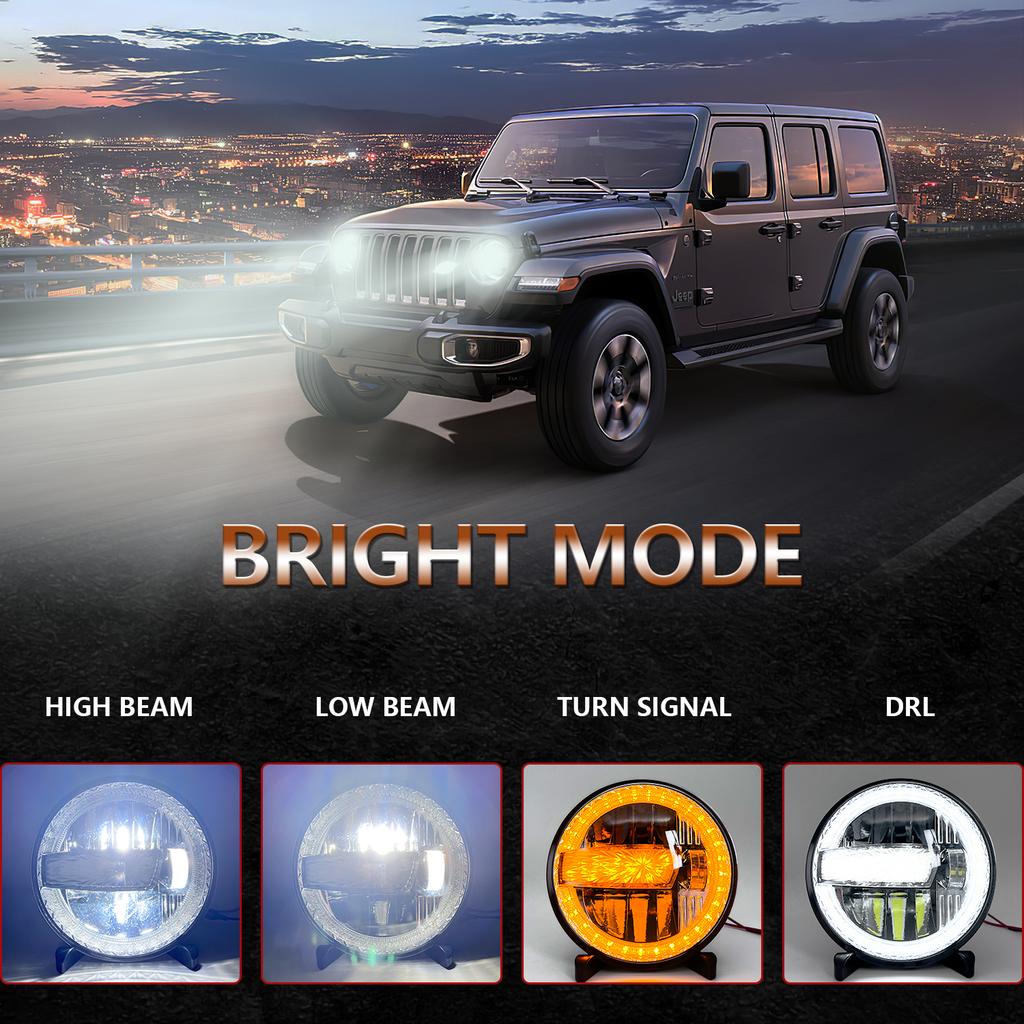 2Pcs High Low Beam LED Headlights IP67 Waterproof Off Road Vehicle Front DRL Turn Signal Lamp