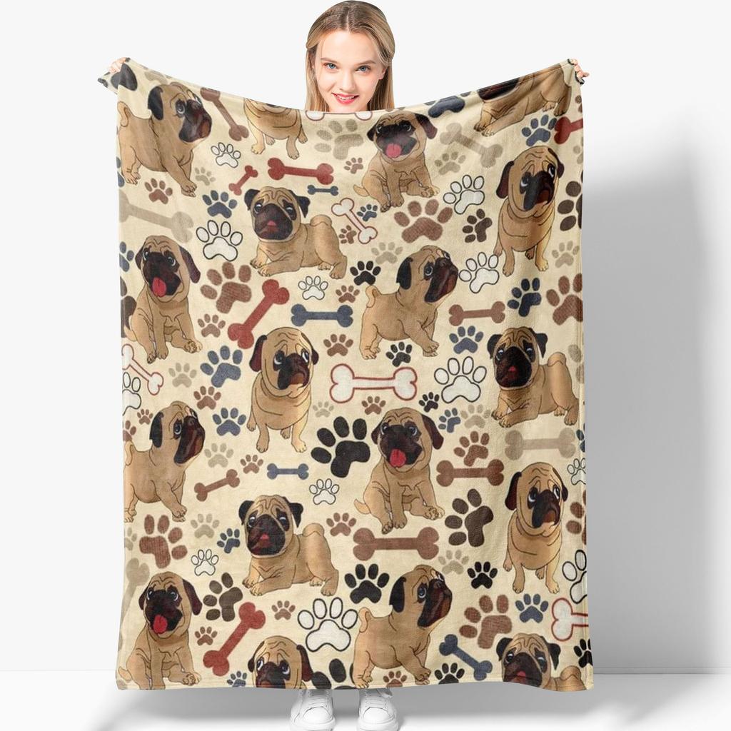 Ultra-weiche Mops & Hundepfotenabdruck Flanell-Kuscheldecke - Perfekt für Sofa, Bett, Büro und Reisen - Ideales Geschenk für Tierliebhaber