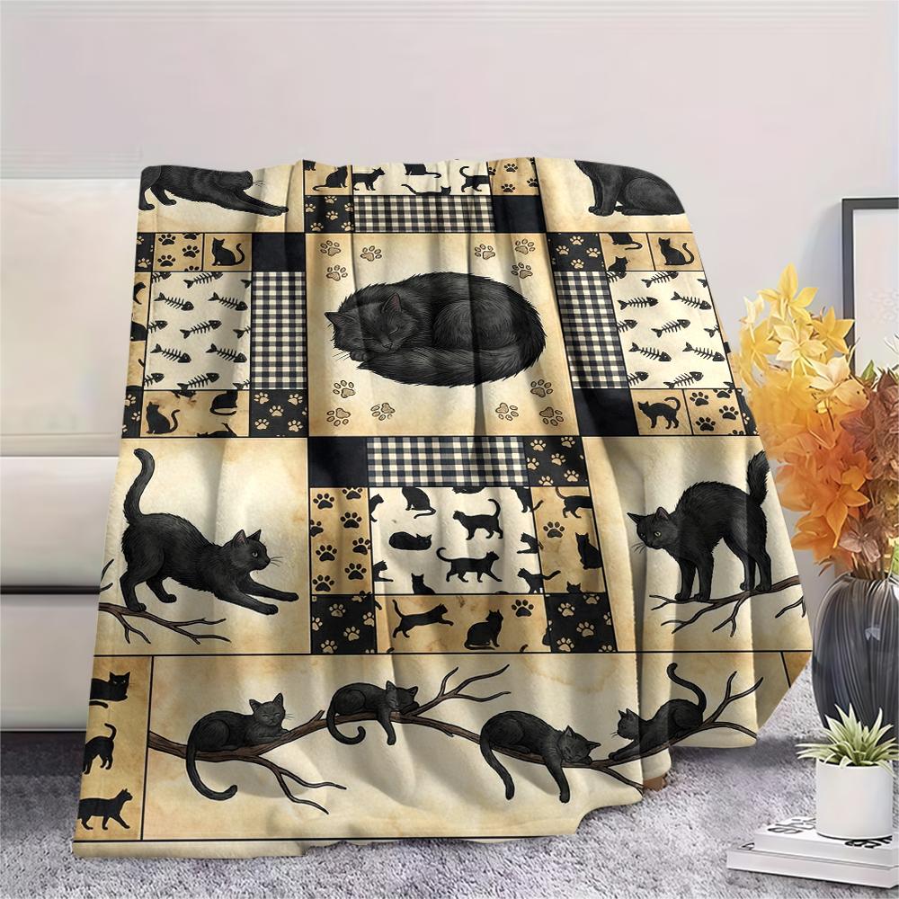 1Pc Patchwork Cat Print Flannel Blanket, High quality Comfortable for All Seasons, Home Decor, Warmth and Comfort, Perfect for Christmas Gifts63