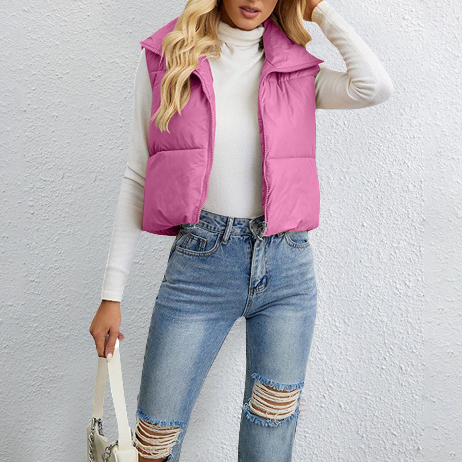 

Модный короткий однотонный жилет из хлопка с пуховым принтом, тонкий свободный жилет из хлопка с высоким воротом M розовый