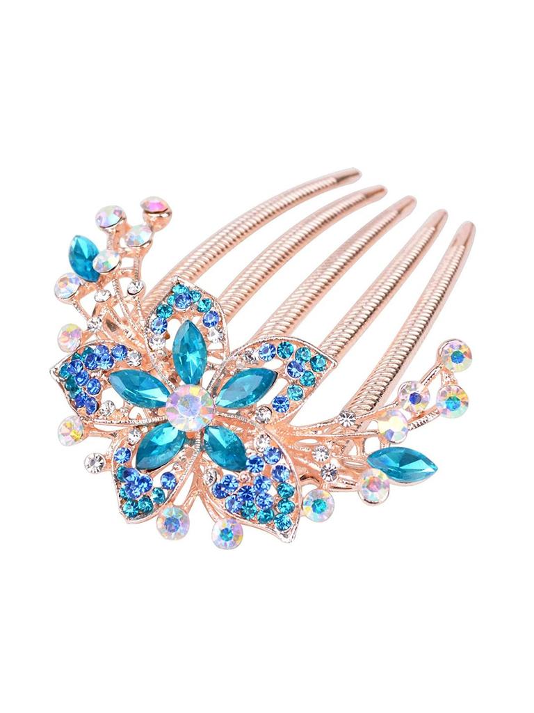 Yellow Floral Comb Clips - Blue Crystal Hair Pin - Women's Bridal Accessories for Wedding