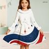 Girls White High Neck Long Sleeve Printed A Line Flared Dress With Bow Fur Trim